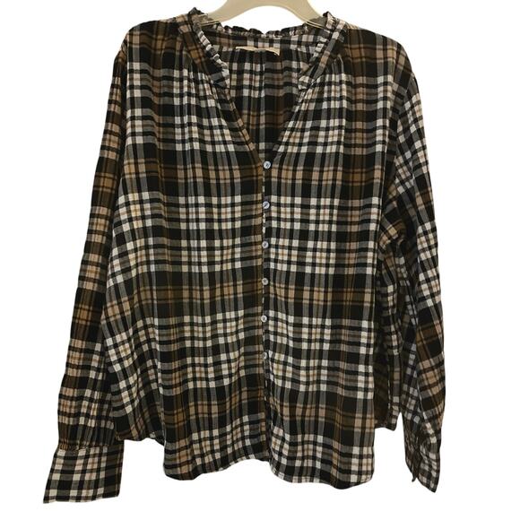 Loft Plaid Button Down Blouse Womens Size XL Black Gold Ruffle Work Casual - Picture 1 of 13